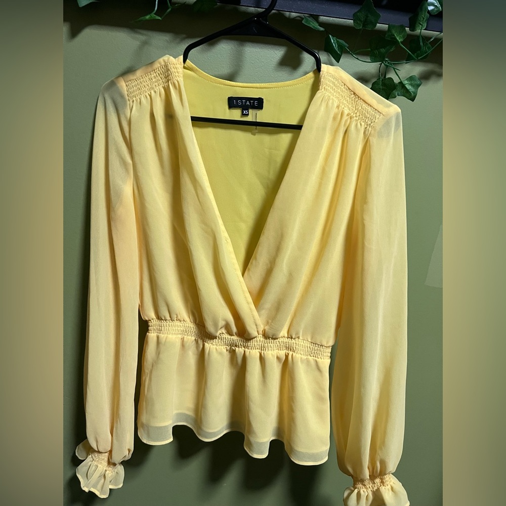 1. State Yellow V-Neck Ruffled Long Sleeve